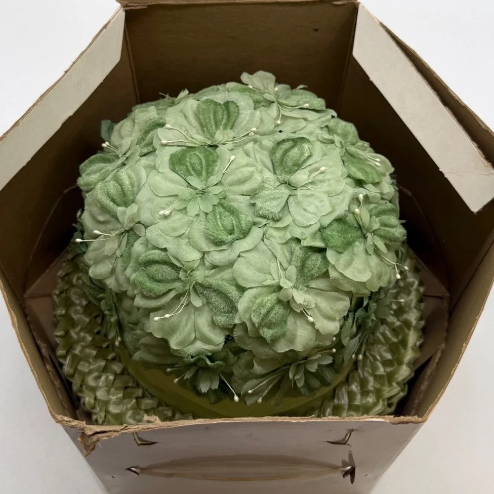 VTG Wilk's Green Floral Straw Pillbox Hat Original Box Mid Century union 50s 60s